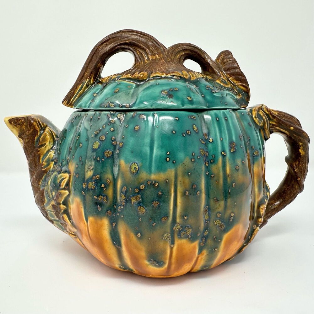 Vintage Majolica-Style Ceramic Pumpkin Teapot, Mottled Teal & Amber Glazed